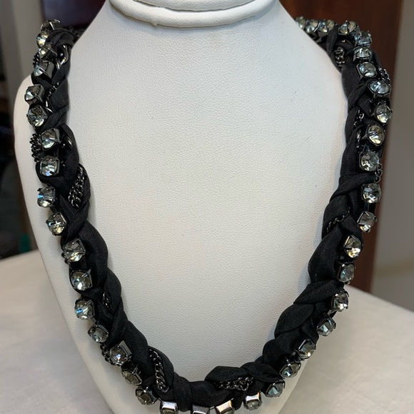 J Crew Black Fabric and Green Rhinestone Necklace - Picture 1 of 11